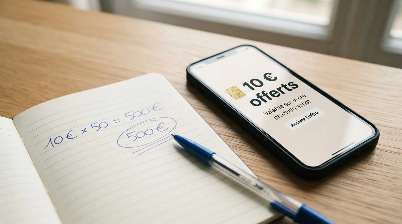 Une calculette posée à côté d'un écran affichant une offre de bonus « 10 € offerts », avec l'équation « 10 € × 50 = 500 € de mises » griffonnée sur un carnet