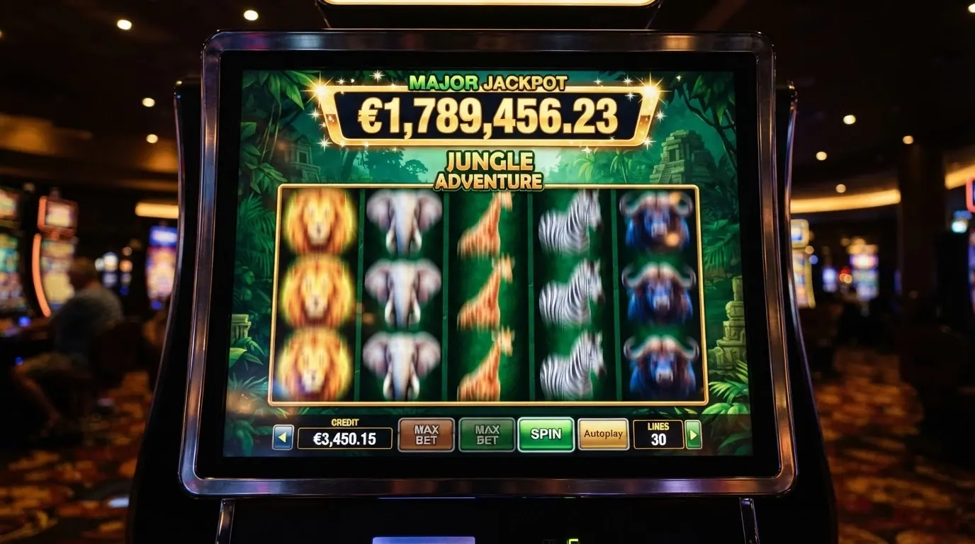 Capture d'écran de la machine à sous Mega Moolah avec ses rouleaux, ses symboles animaliers et le compteur de jackpot progressif en millions d'euros