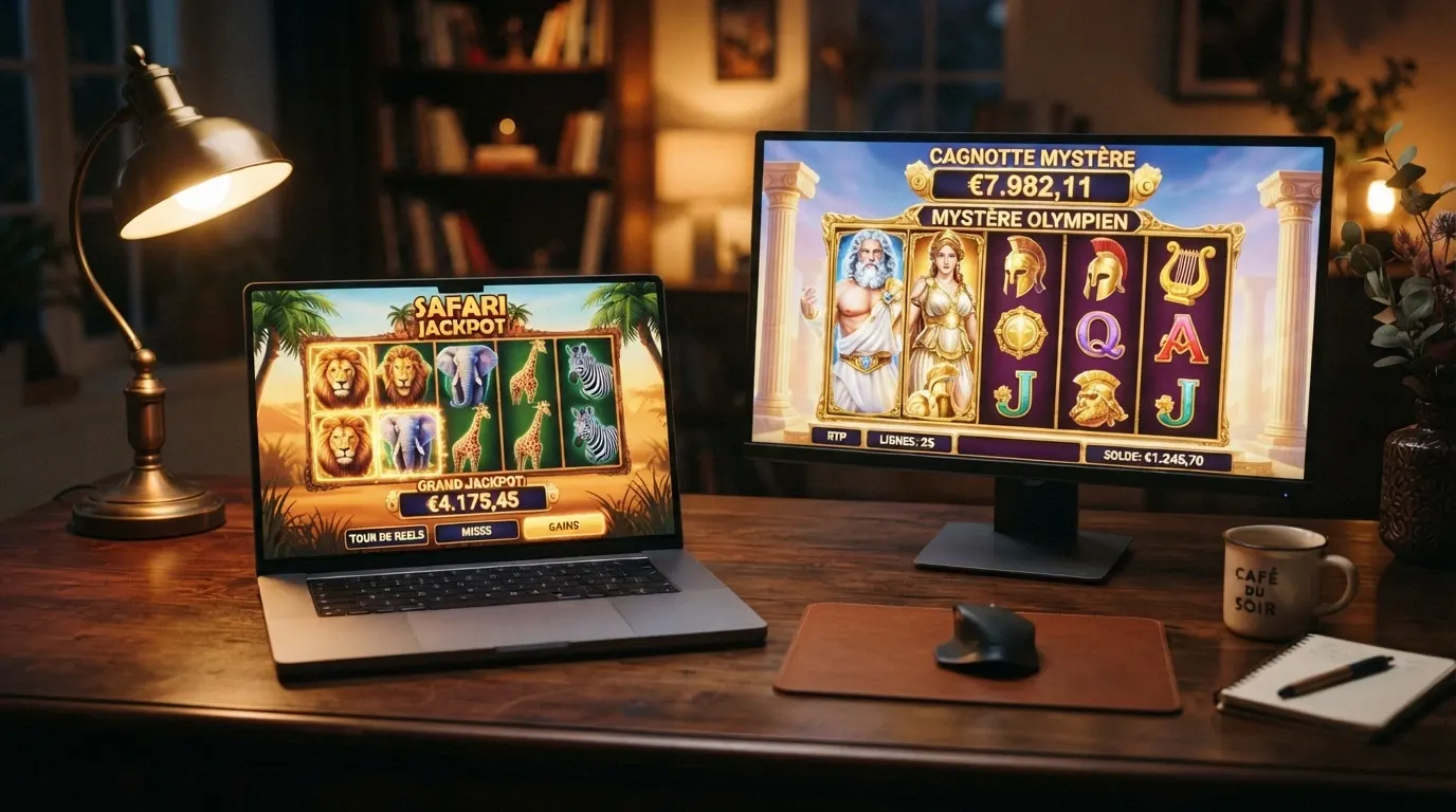Écran de jeu de Mega Moolah et Divine Fortune côte à côte avec leur jackpot progressif affiché