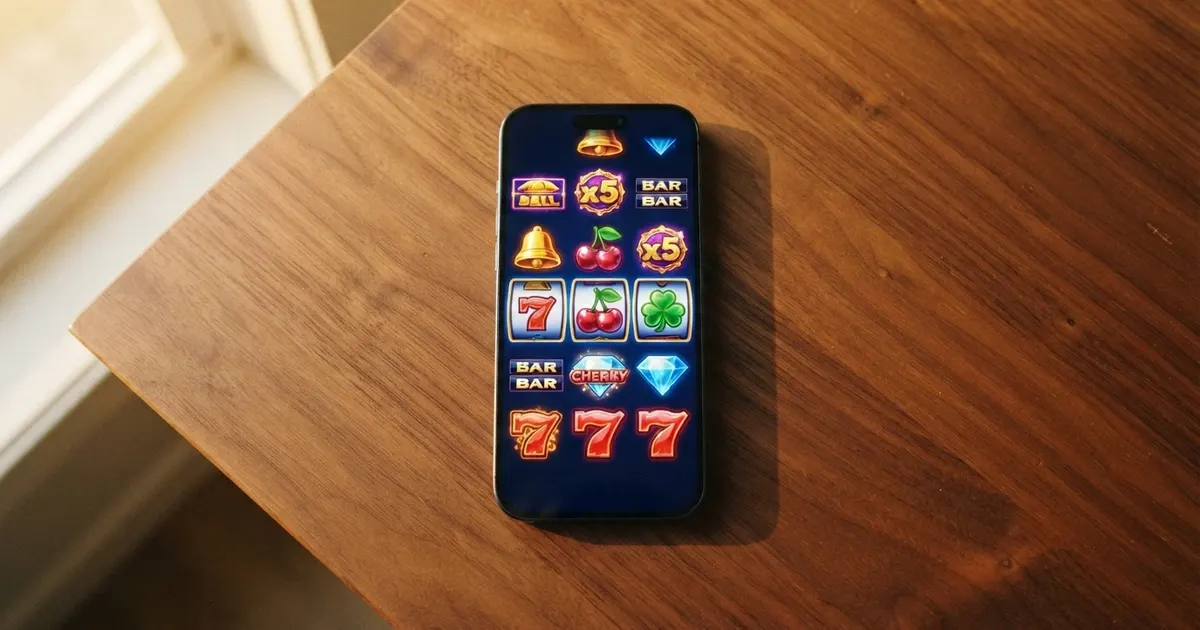 Écran de smartphone affichant la page d'accueil d'une application de casino en ligne avec une sélection de jeux et une offre de bienvenue