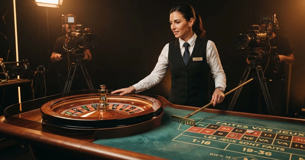 Un croupier en tenue professionnelle filmé en plan large derrière une table de roulette dans un studio de casino en direct, éclairage chaud et matériel de streaming visible en arrière-plan