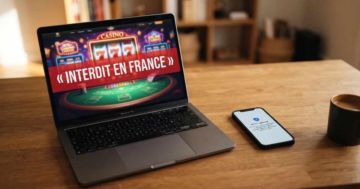 Un écran affichant la page d'accueil d'un casino en ligne barrée d'un bandeau rouge « interdit en France », à côté d'un smartphone montrant le logo de l'ANJ.