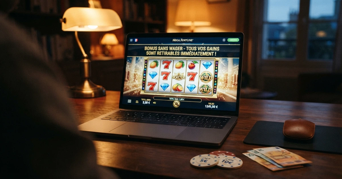 Interface d'un casino en ligne affichant une offre de bonus sans condition de mise