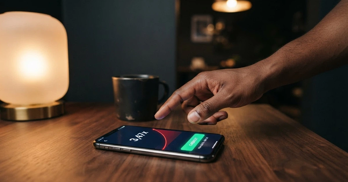 Un joueur devant un écran affichant la courbe croissante d'un crash game, le doigt au-dessus du bouton de cashout, tension visible