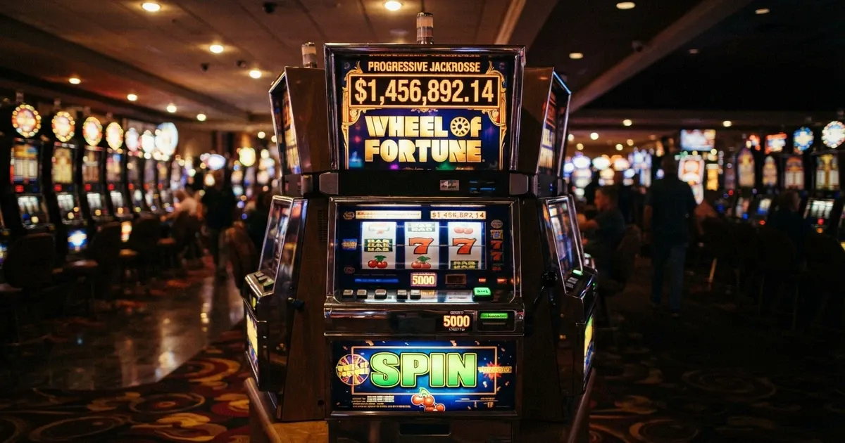 Une rangée de machines à sous lumineuses dans un casino, l'une d'elles affichant un montant de jackpot progressif à sept chiffres sur un écran LED au-dessus des rouleaux