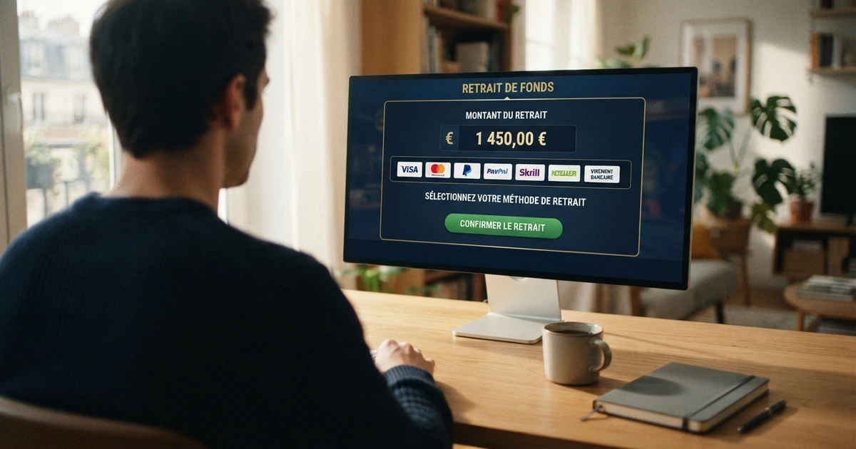 Une interface de casino en ligne affichant une section retrait avec le montant et les méthodes de paiement disponibles, sur un écran d'ordinateur.