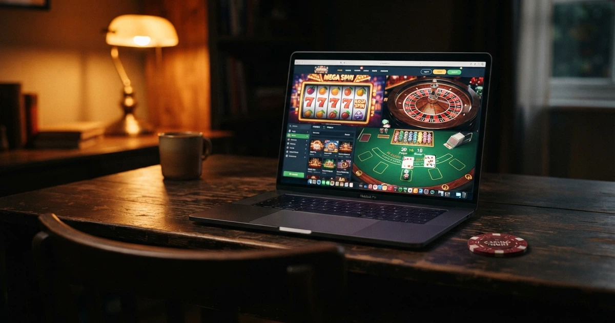 Comparaison de casinos en ligne sur un écran, avec une interface de jeu en arrière-plan et des icônes de licence