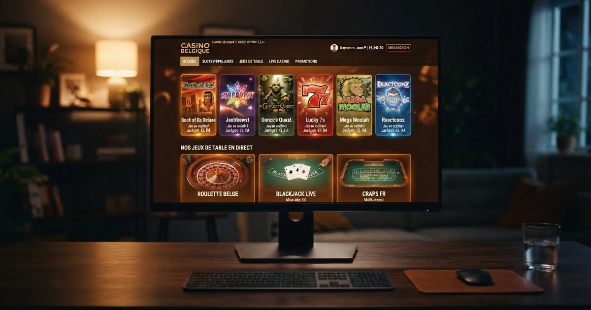 Interface d'un casino en ligne belge agréé affichant des machines à sous, des jeux de table et le logo de la Commission des jeux de hasard