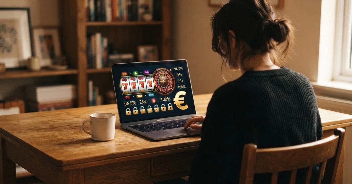 Un joueur consultant une liste de casinos en ligne sur un écran d'ordinateur, avec des icônes de bonus, de cadenas et de pourcentages en surimpression
