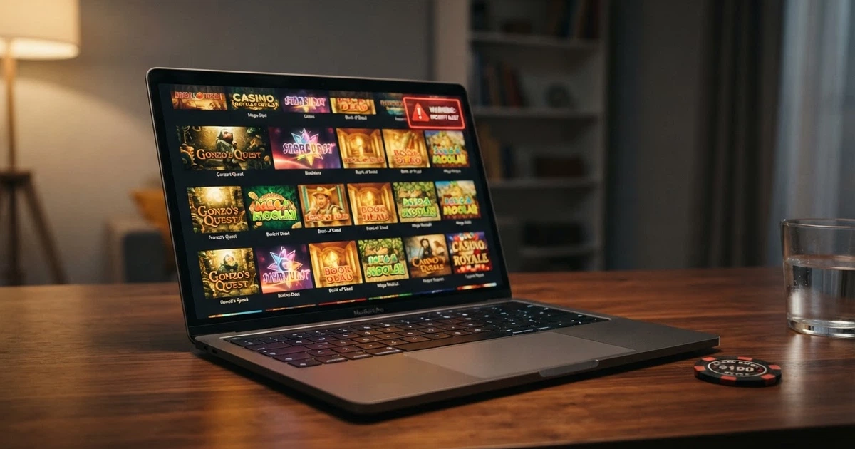 Un écran d'ordinateur affichant la page d'accueil d'un casino en ligne, avec un cadenas barré en surimpression pour signifier l'absence de licence française