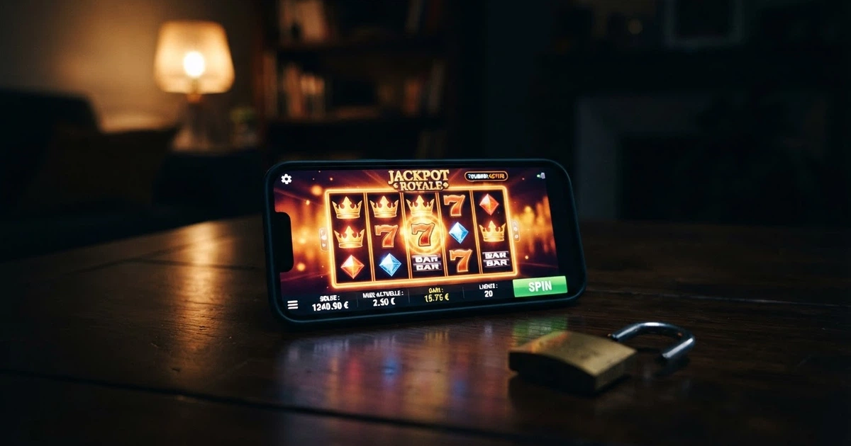 Une interface de casino en ligne affichant une grille de machines à sous colorées, sur fond sombre, avec un cadenas brisé en surimpression symbolisant l'absence de licence française