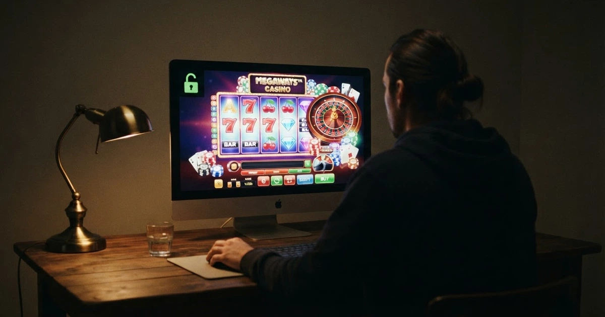 Un joueur assis devant un écran d'ordinateur, une main sur la souris, l'écran affichant une interface de casino en ligne avec des slots colorées, un cadenas ouvert en surimpression symbolisant l'absence de vérification d'identité