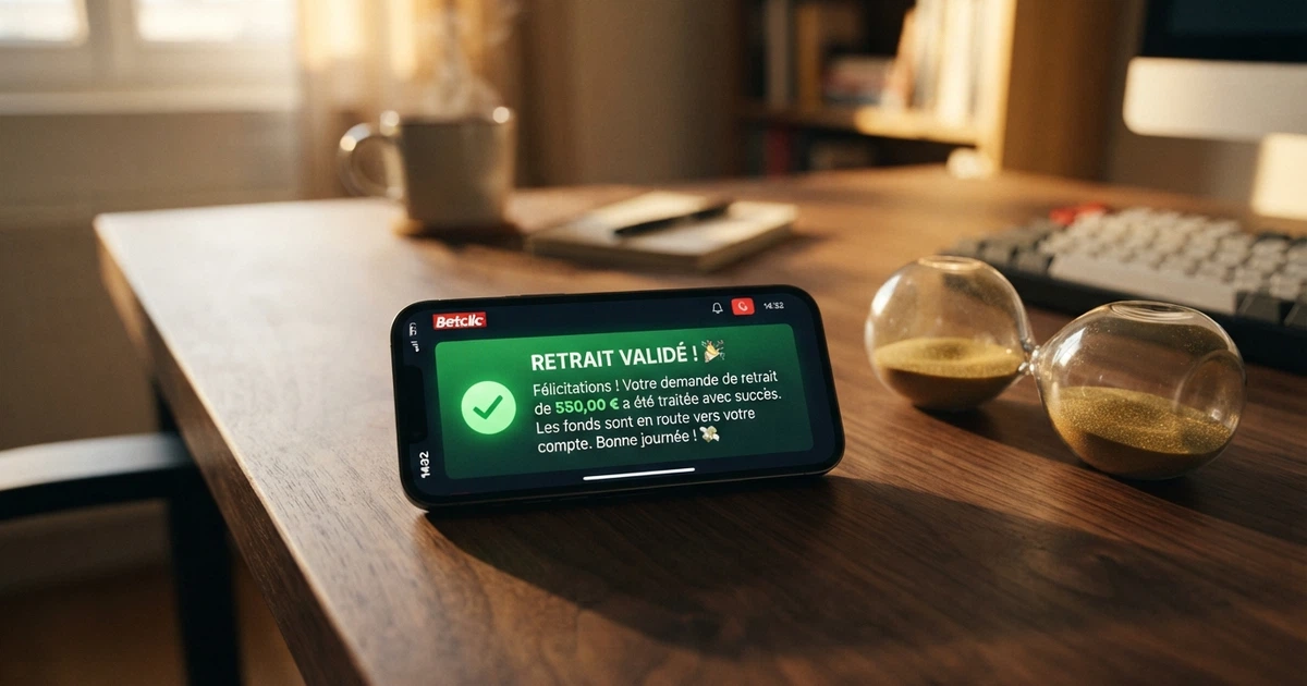 Un téléphone affichant une notification de retrait validé, entouré d'icônes de portefeuilles électroniques et d'un chronomètre