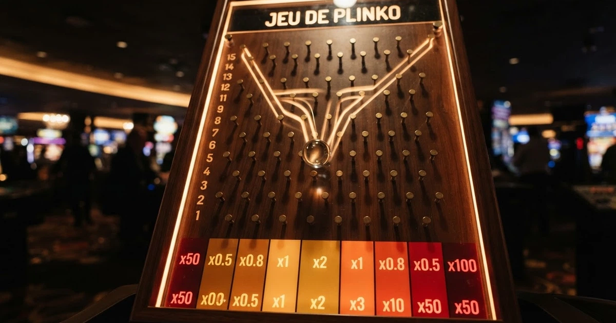 Plateau de Plinko avec une bille tombant sur des picots colorés, multiplicateurs visibles en bas du tableau
