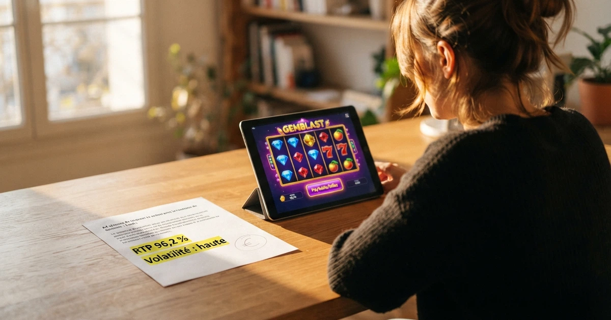 Un joueur français consultant une grille de machines à sous sur un écran, une fiche technique de slot affichant le RTP et la volatilité en surimpression