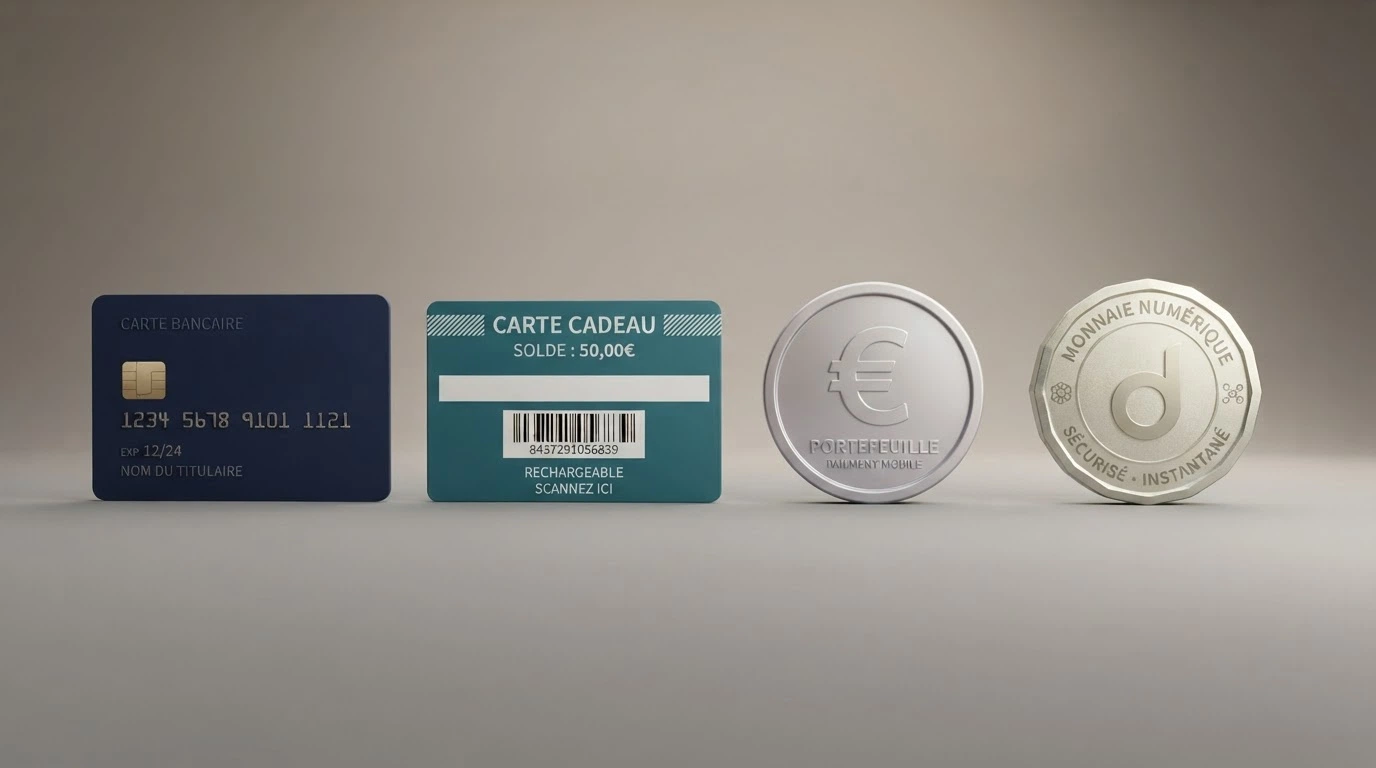 Logos de méthodes de paiement alignés : carte bancaire, Paysafecard, PayPal et Bitcoin