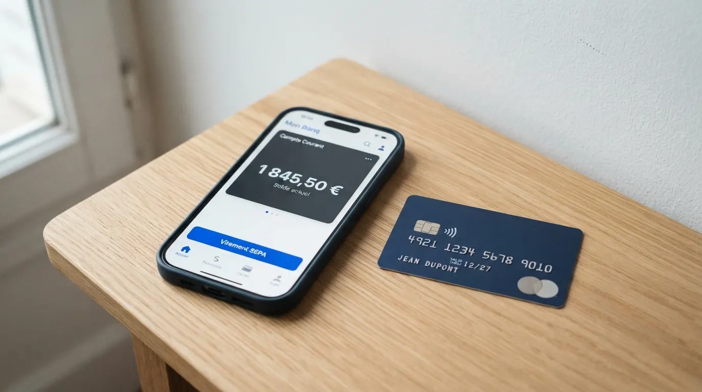 Smartphone affichant des interfaces bancaires françaises avec les logos de cartes Visa et Mastercard à côté d'une interface de virement SEPA