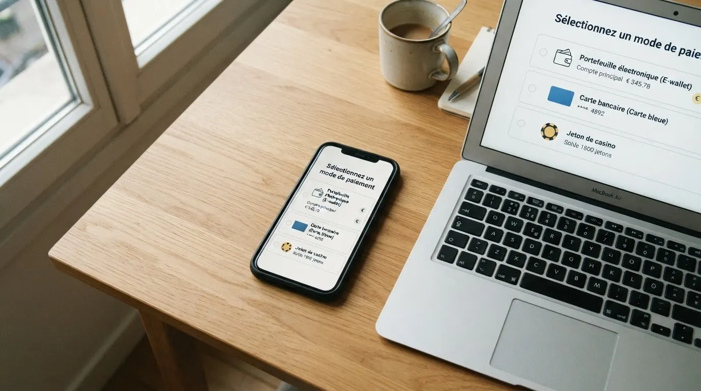 Un téléphone et un ordinateur affichant côte à côte plusieurs méthodes de paiement en ligne (portefeuille électronique, carte bancaire, crypto).