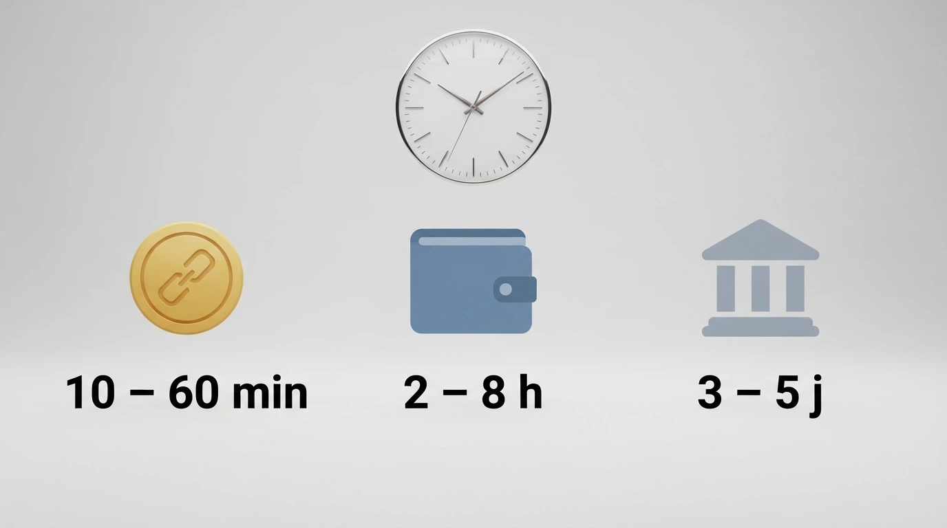 Icônes de Bitcoin, Ethereum, portefeuille électronique et virement bancaire alignées avec une horloge affichant des durées différentes sous chaque icône