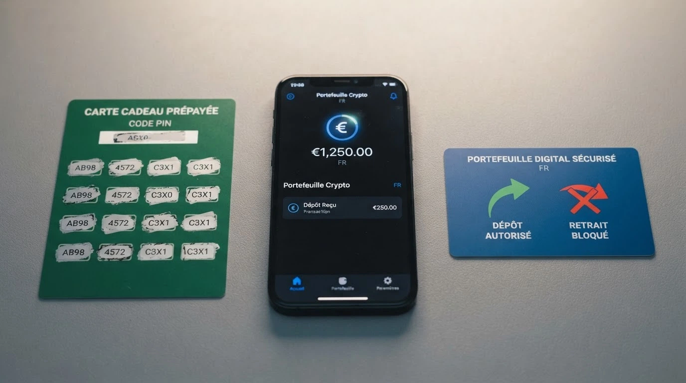 Un portefeuille électronique, un téléphone affichant un portefeuille crypto et une carte Paysafecard disposés côte à côte, avec une flèche symbolisant un dépôt entrant et une flèche barrée pour le retrait