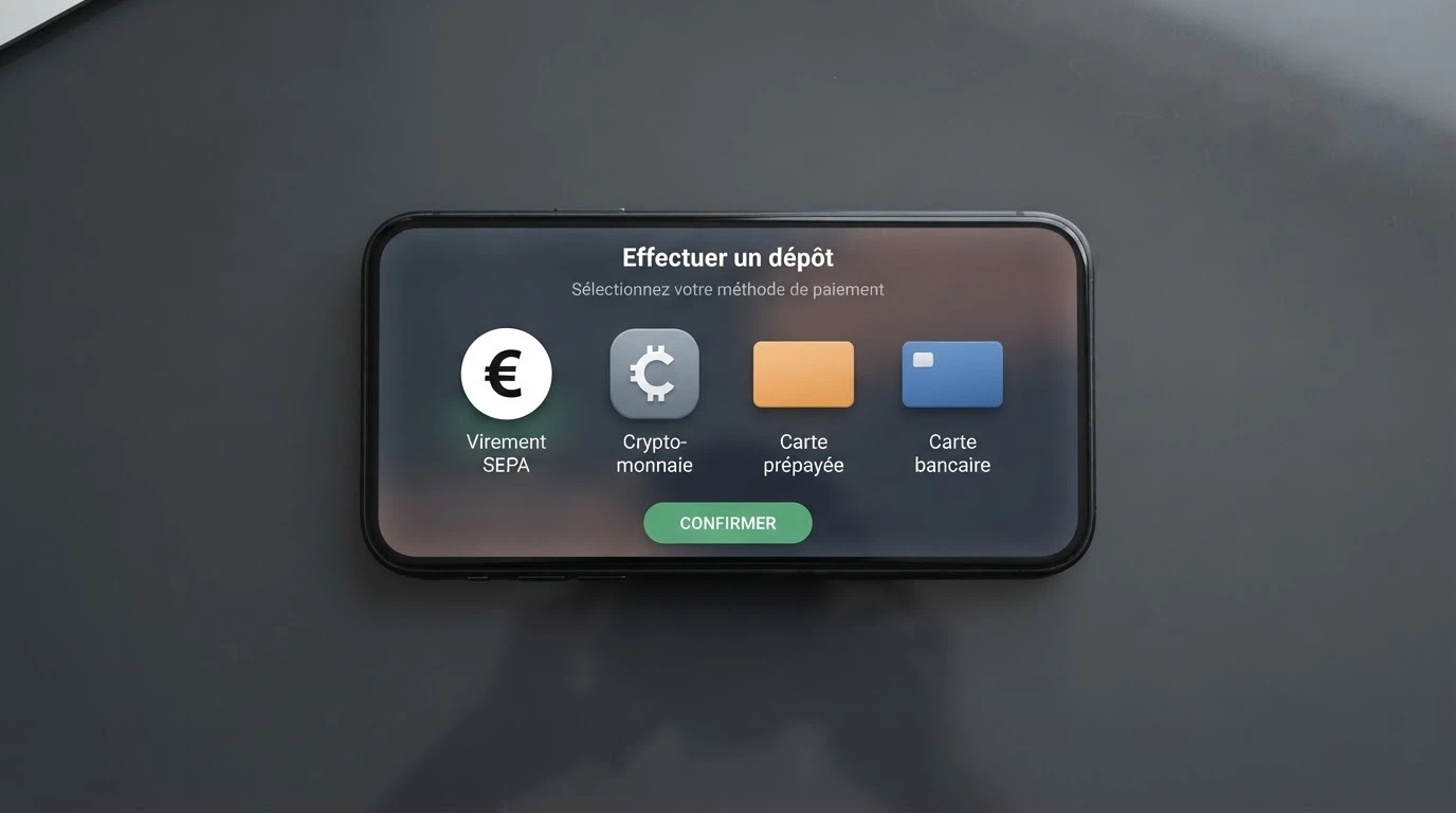 Interface de dépôt d'un casino en ligne affichant les options Bitcoin, Neteller, Skrill et cartes bancaires