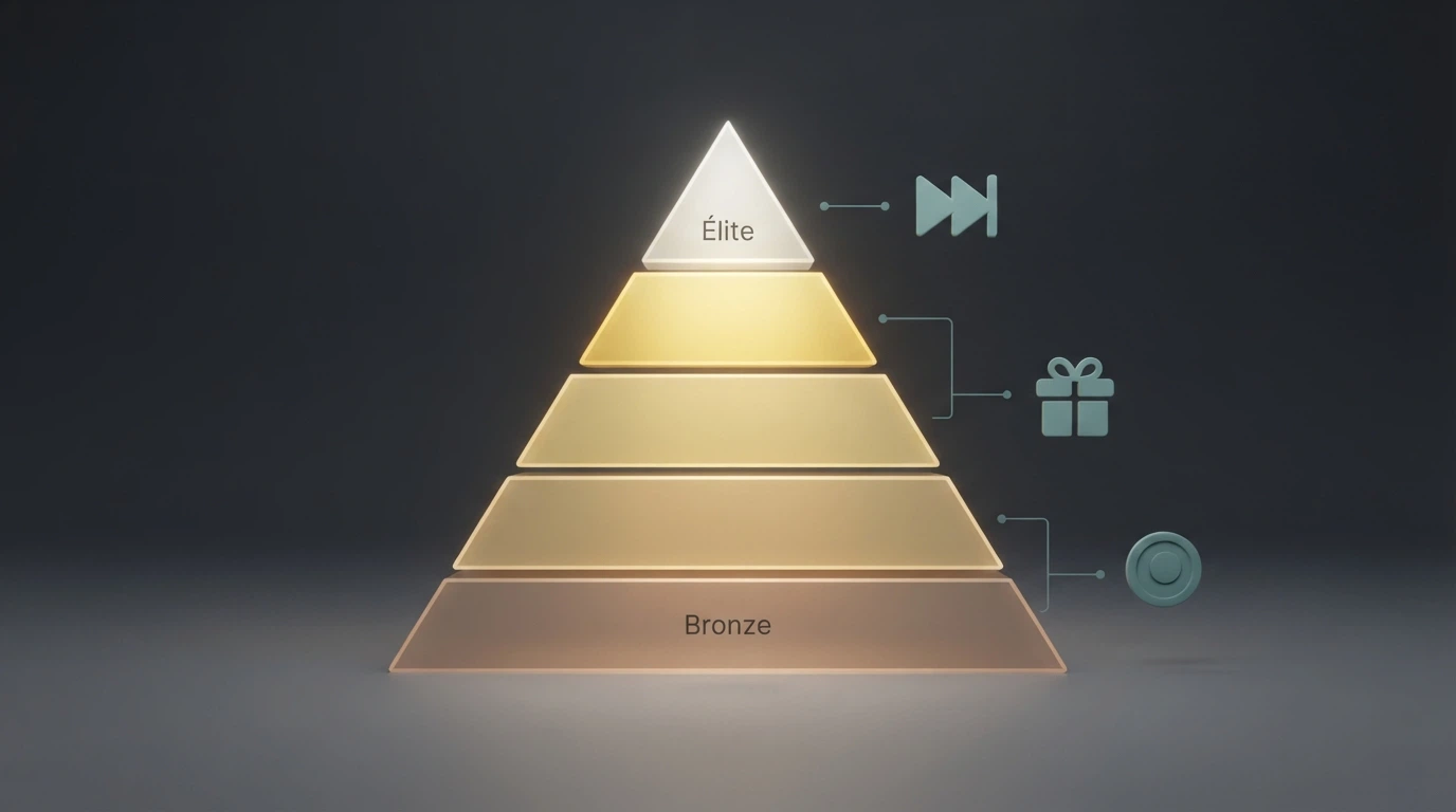 « Pyramide des statuts d'un programme VIP de casino en ligne, du niveau de base au niveau élite, avec les avantages associés à chaque palier »