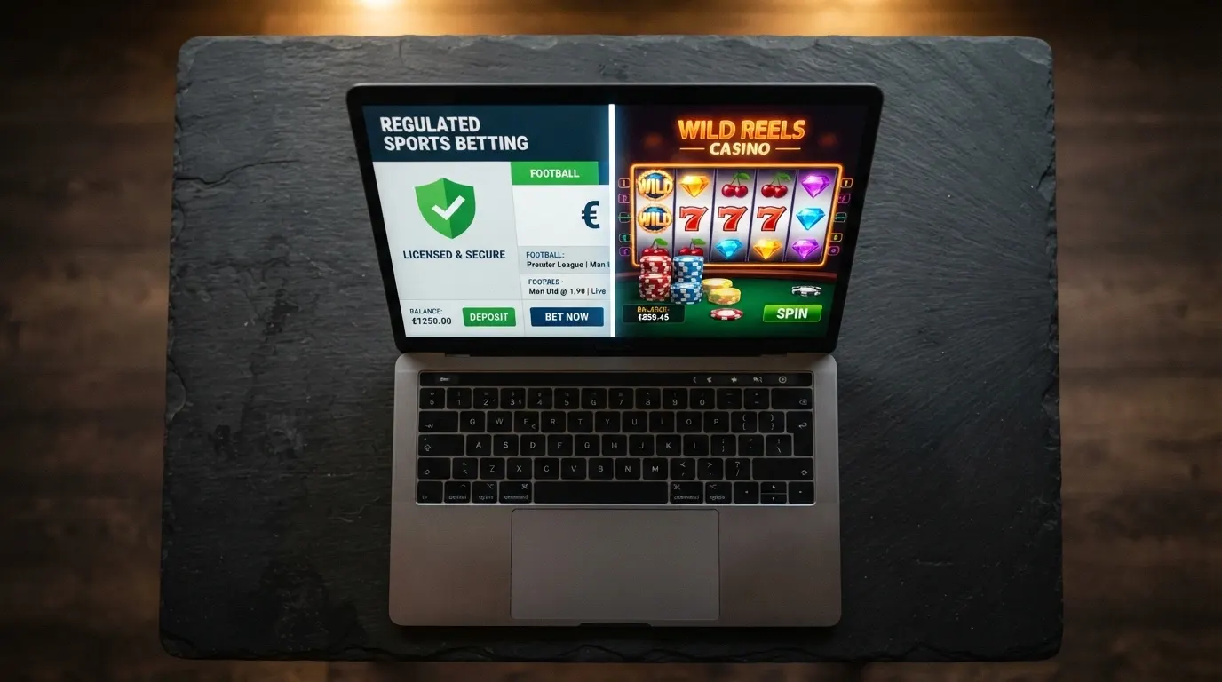 Écran partagé entre le logo officiel de l'ANJ et une interface de casino en ligne non agréé, illustrant la fracture du marché français.