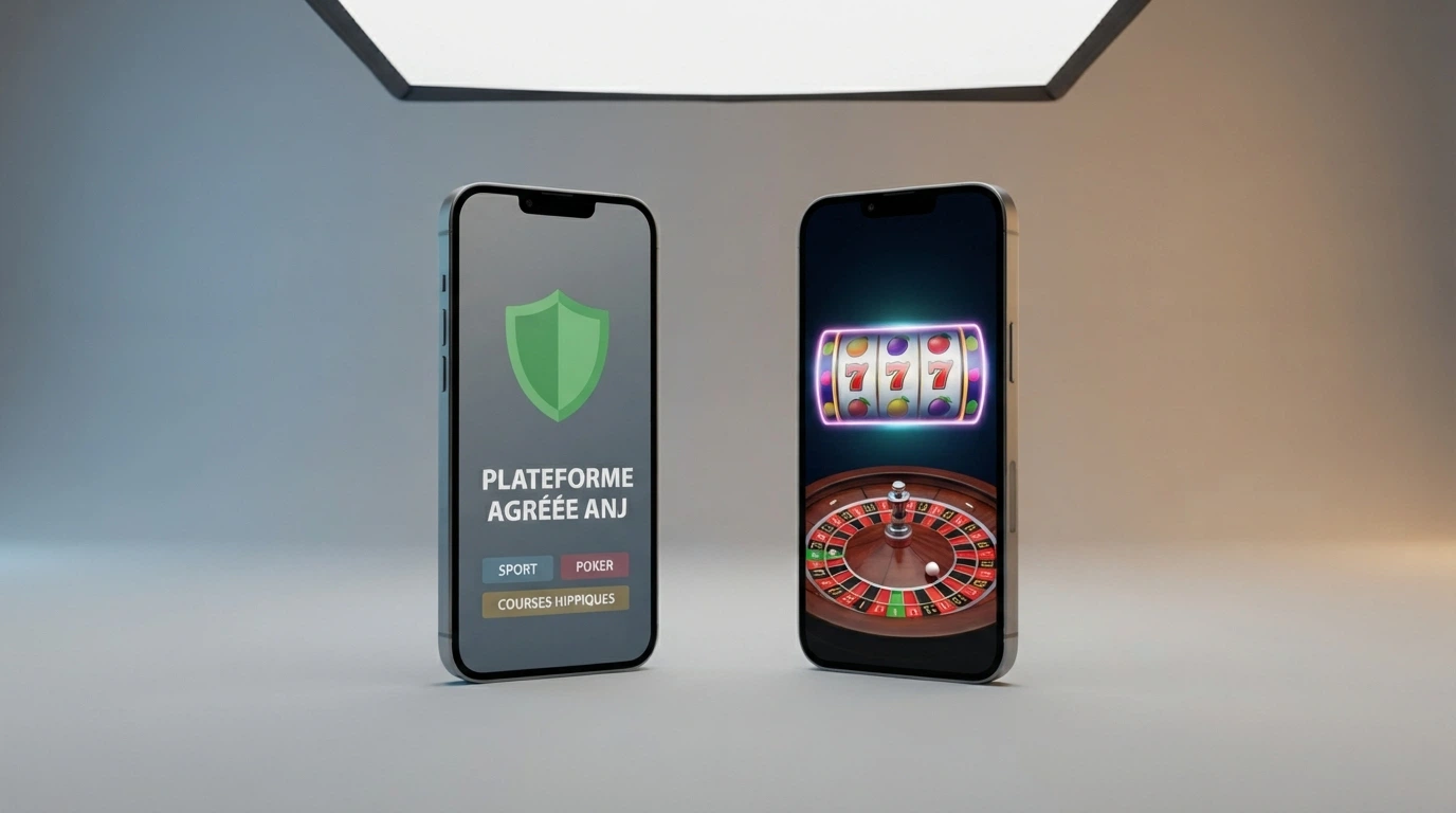 Deux écrans côte à côte : à gauche l'interface d'un opérateur agréé ANJ, à droite celle d'un casino offshore sans agrément