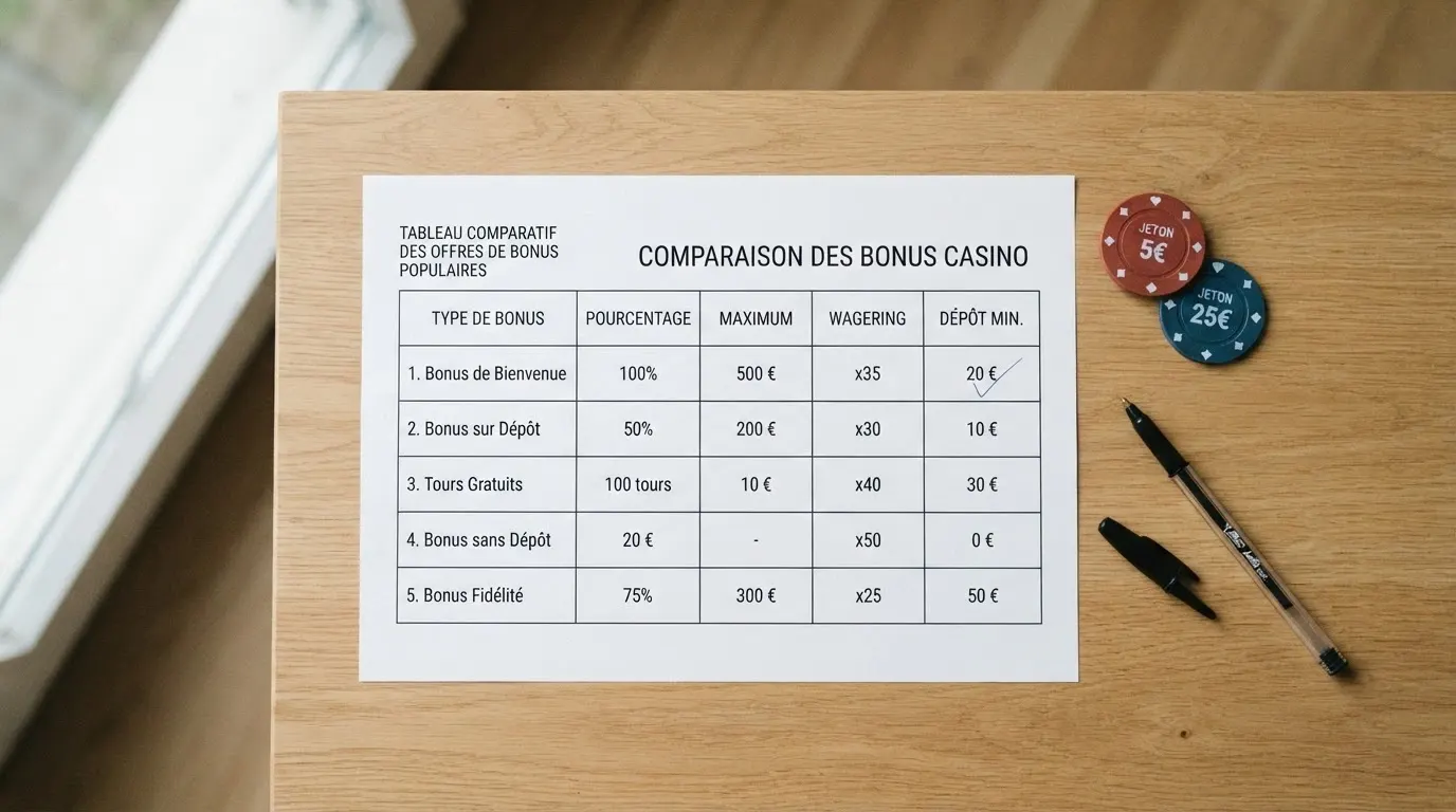 Tableau comparatif listant plusieurs casinos en ligne avec leurs offres de bonus, wager et conditions