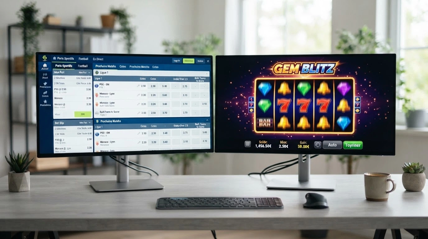 Écran partagé montrant d'un côté le site d'un opérateur agréé ANJ (paris sportifs) et de l'autre un casino offshore avec machines à sous