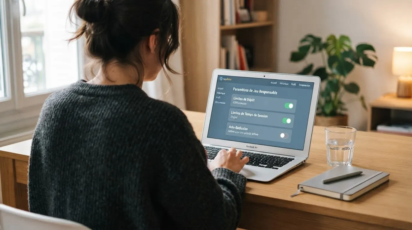 Interface d'un site de jeu affichant les options de limite de dépôt, de limite de session et d'auto-exclusion