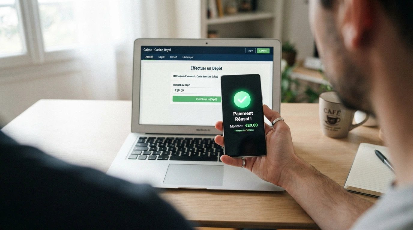 Une main tenant un téléphone devant un écran d'ordinateur ouvert sur la page de caisse d'un site de jeu, l'écran du téléphone affichant une notification de confirmation de paiement