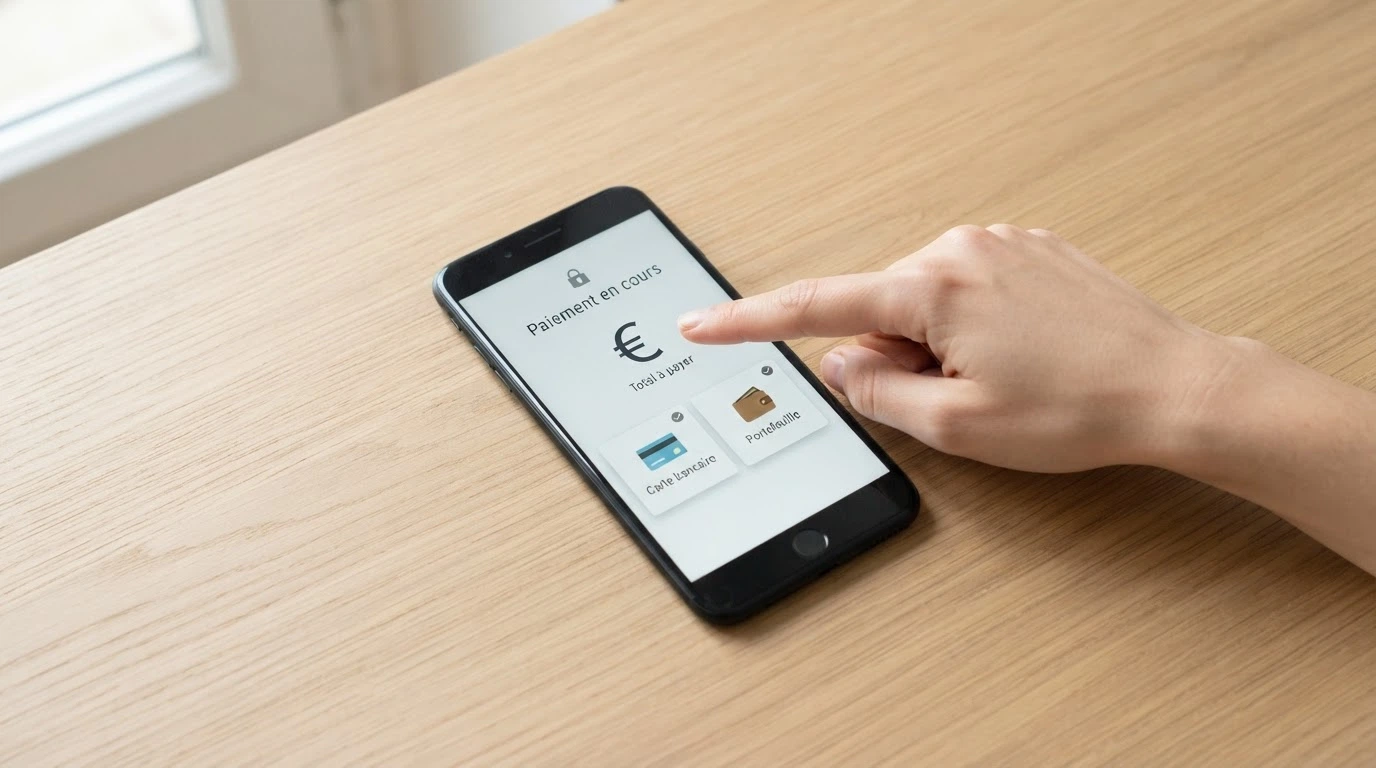 Un écran de paiement mobile affichant plusieurs méthodes (carte bancaire, portefeuille électronique, Apple Pay)