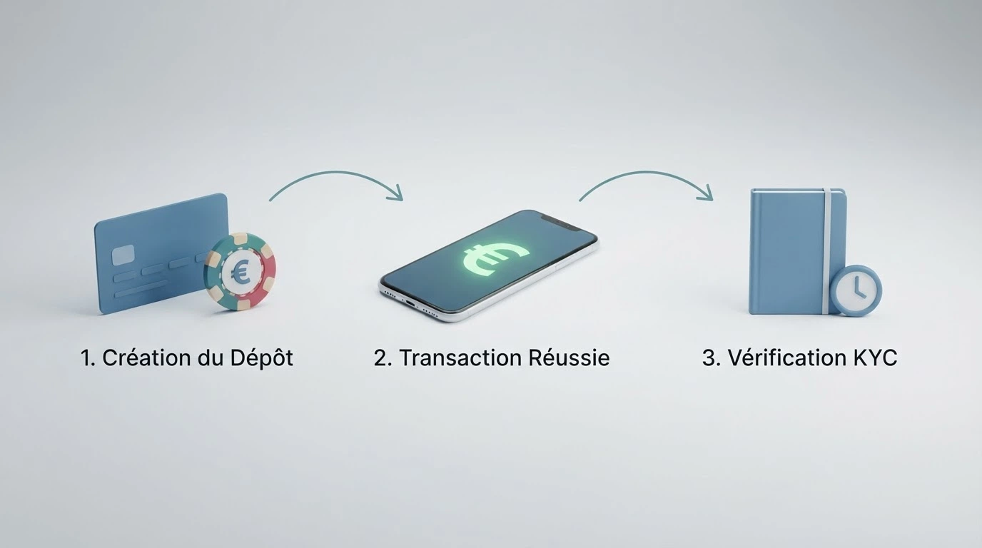 Une séquence visuelle en trois étapes : le rechargement du wallet Neteller, le dépôt instantané sur un site de jeu, et l'étape de validation KYC qui ralentit le retrait.
