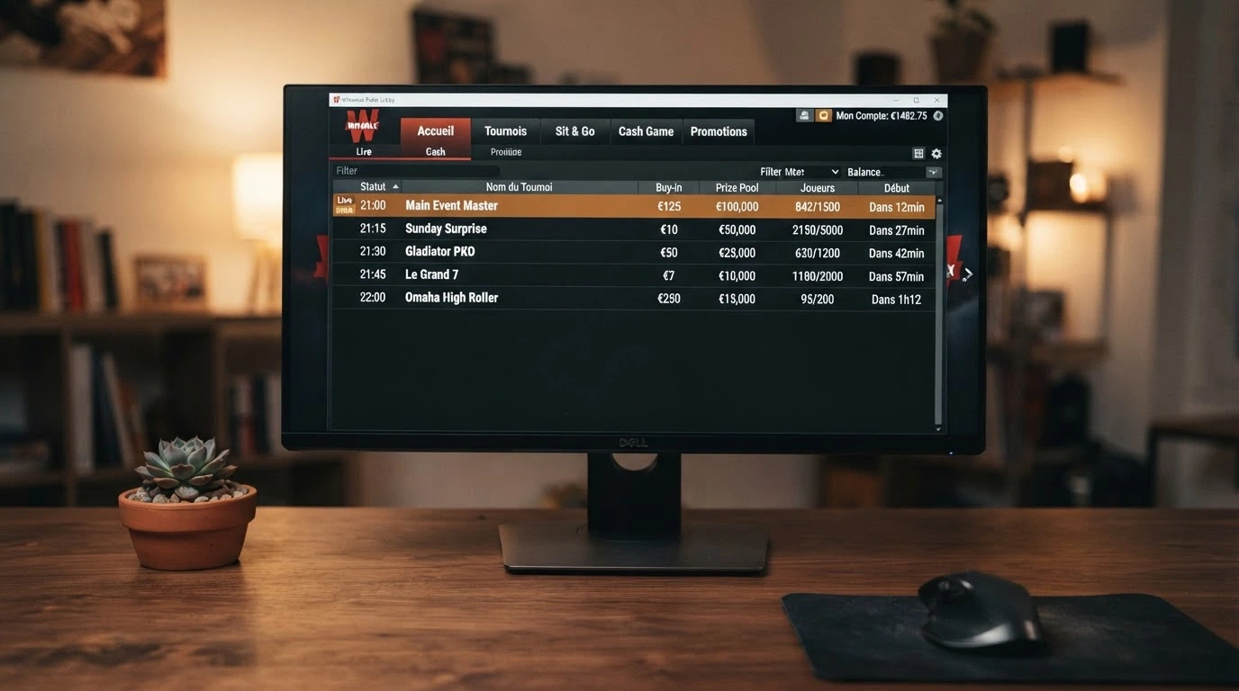 Écran affichant le lobby d'un site de poker en ligne agréé ANJ, avec une liste de tournois MTT et Expresso ouverte