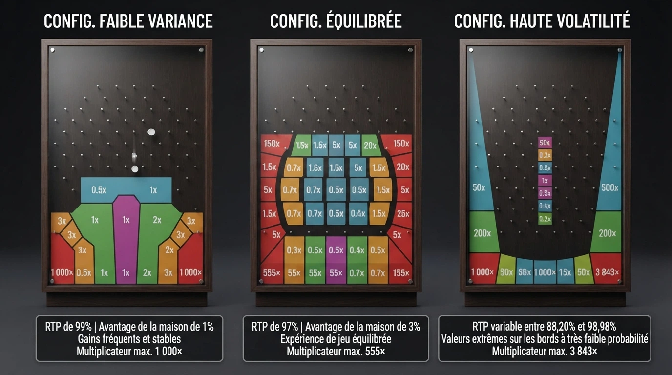 Les trois interfaces de Plinko (BGaming, Spribe, Hacksaw Gaming) côte à côte, avec leurs grilles de multiplicateurs respectives