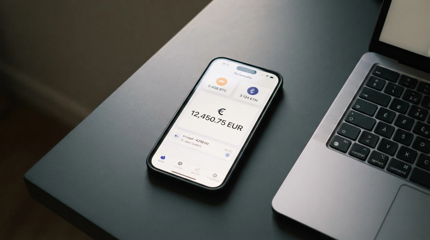 Un smartphone affichant une application de portefeuille crypto avec une transaction en cours, des icônes Bitcoin et Ethereum visibles, posé à côté d'un clavier d'ordinateur