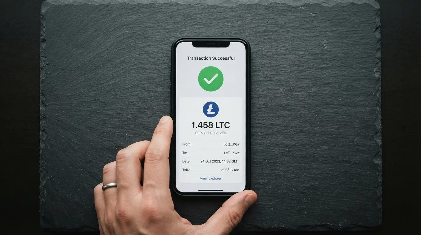 L'interface d'un portefeuille Litecoin sur un smartphone, affichant une transaction de dépôt vers un casino en ligne
