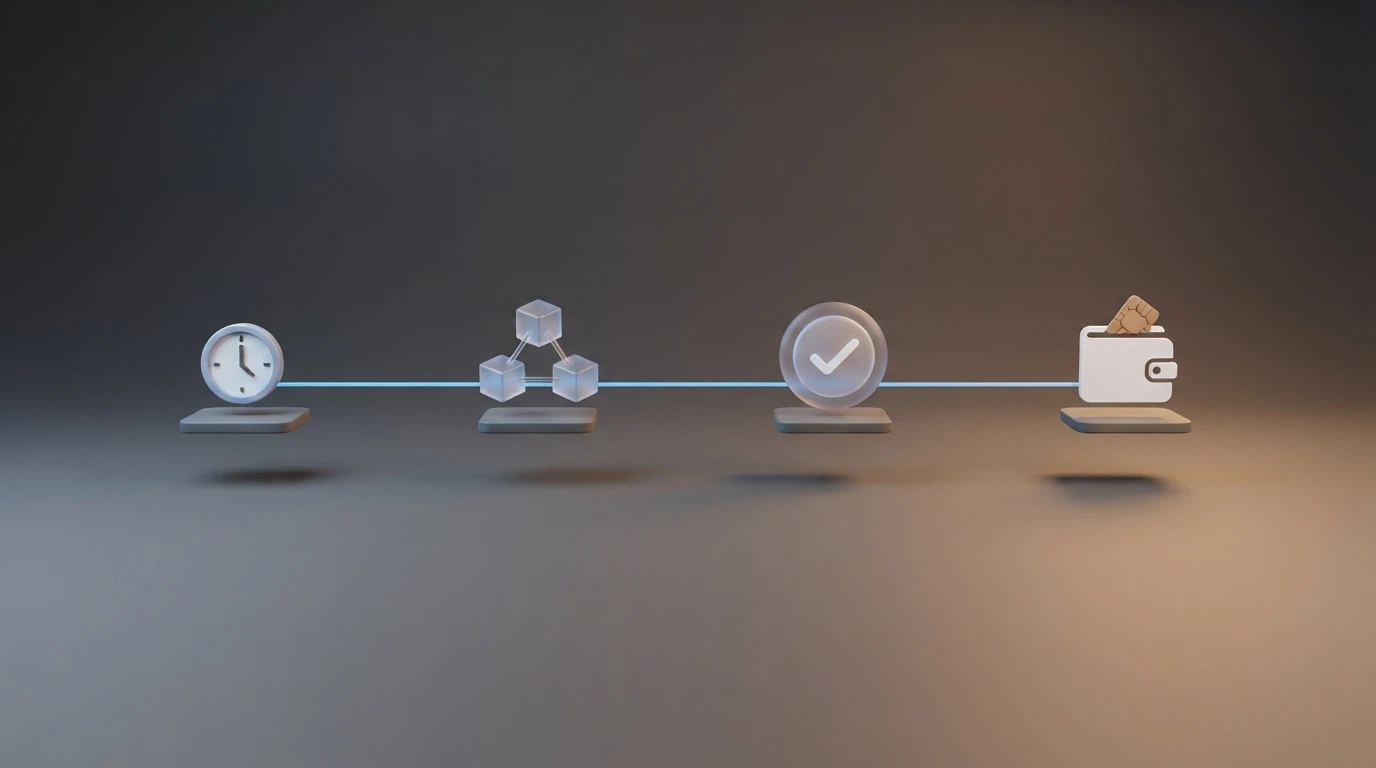 Chronologie visuelle d'un retrait crypto : validation interne du casino, diffusion sur la blockchain, confirmation réseau, arrivée dans le wallet