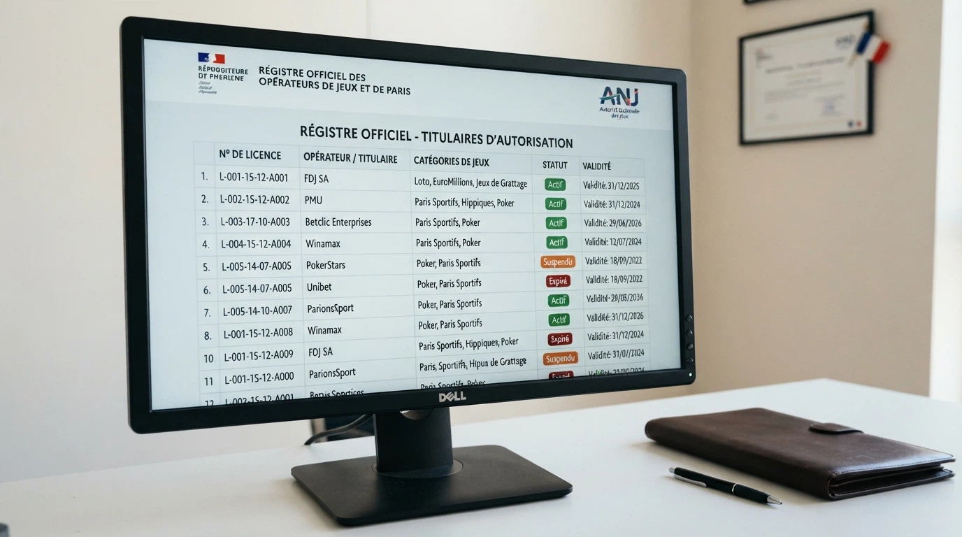 Page du registre officiel des opérateurs agréés sur le site de l'ANJ, avec la liste des titulaires d'agrément et les catégories de jeux autorisées