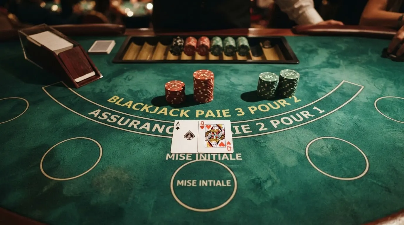 Une table de blackjack live en pleine action : la main du croupier visible, les zones de mise du joueur, les cartes distribuées et les jetons sur le tapis