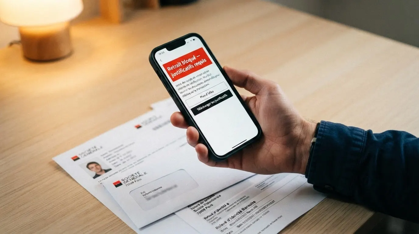 Une main tenant un téléphone affichant un message « Retrait bloqué — justificatifs requis », avec des documents (pièce d'identité, RIB, justificatif de domicile) éparpillés devant l'écran
