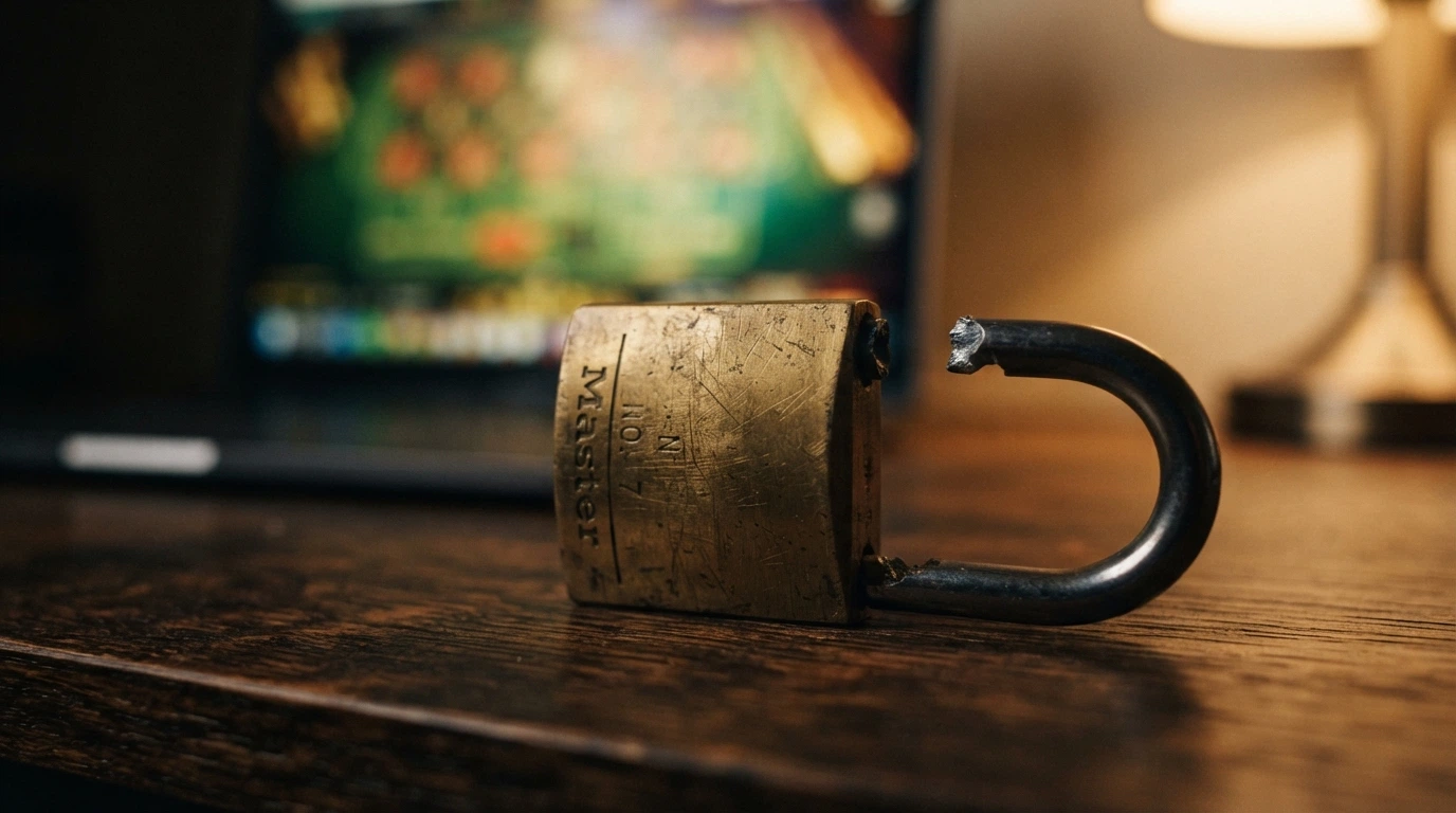Un cadenas brisé en gros plan, flou d'arrière-plan suggérant l'interface d'un casino en ligne sur un écran d'ordinateur