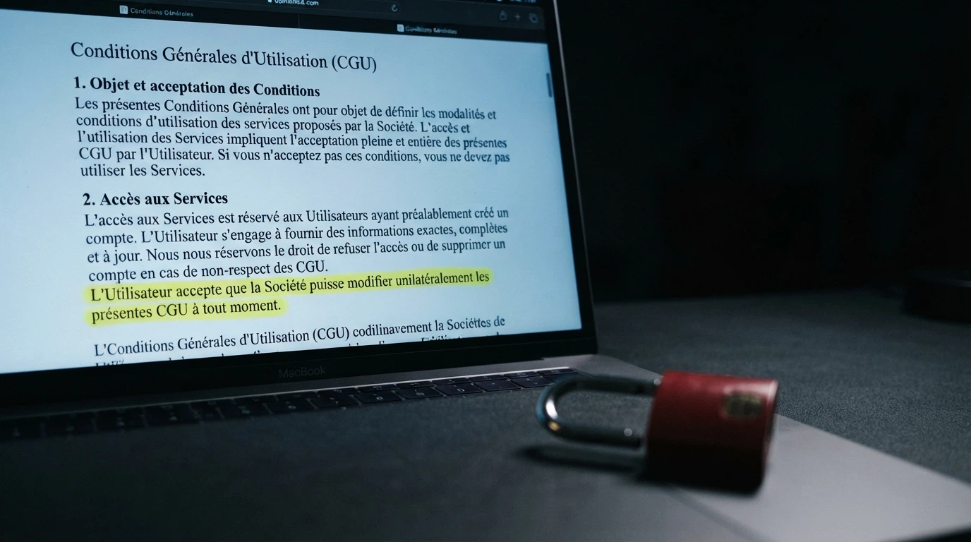 Un écran affichant des conditions générales surlignées à la clause VPN, avec un cadenas barré en surimpression