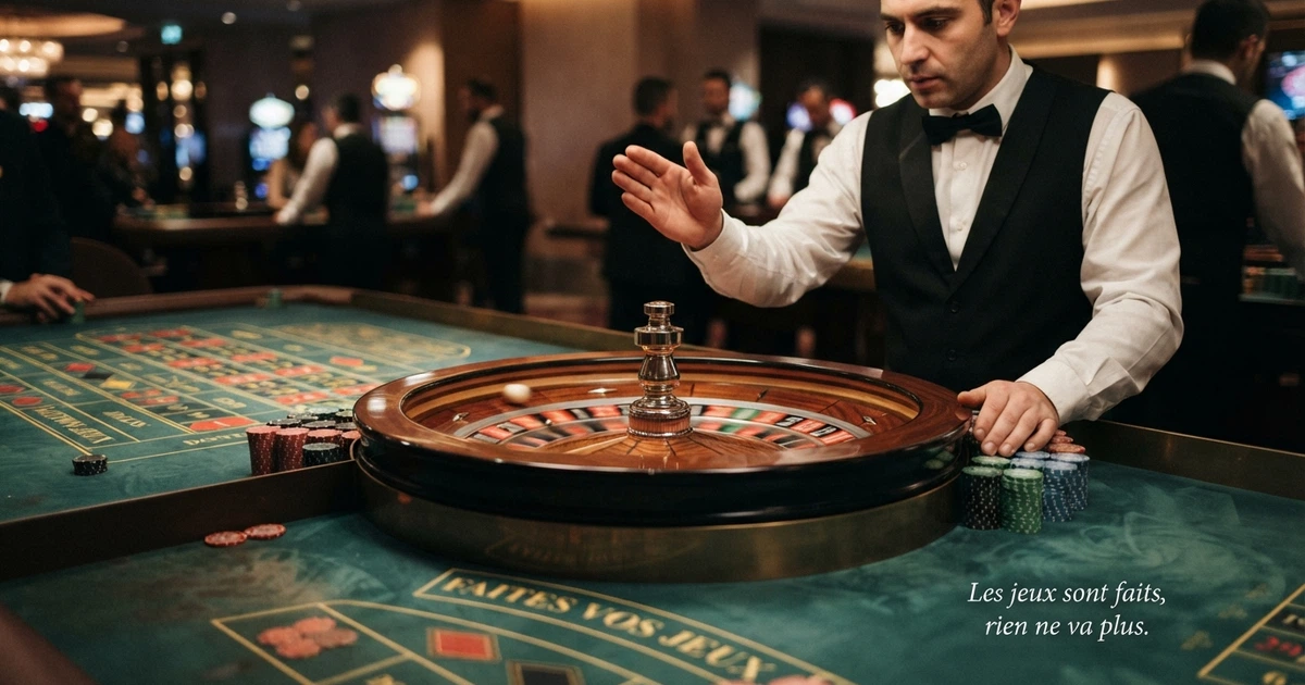 Une table de roulette en direct filmée en studio, un croupier lançant la bille sur le cylindre, vue rapprochée du tapis vert et des jetons