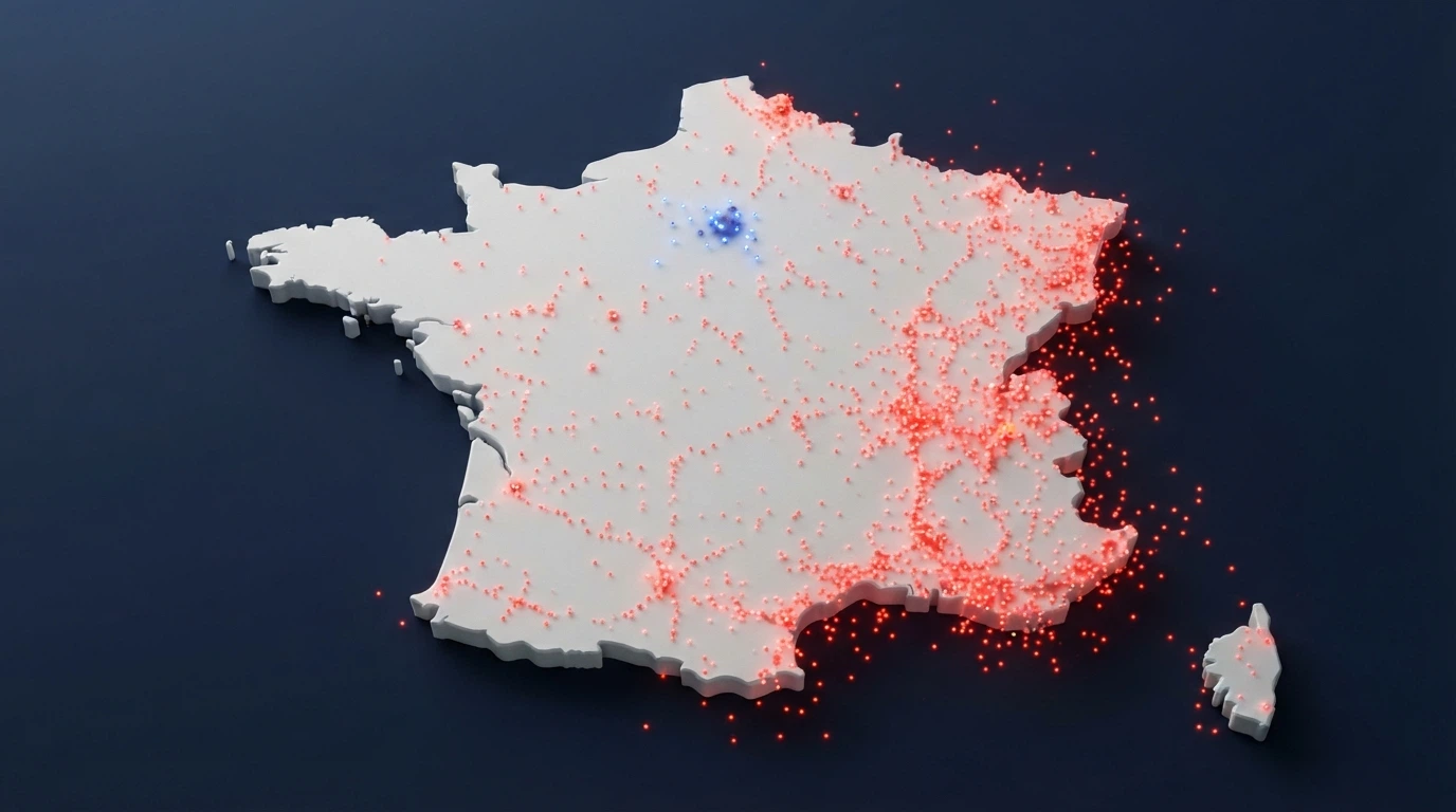 Une carte de la France avec des points représentant les casinos agréés ANJ (peu nombreux, en bleu) et une marée de points rouges représentant les sites offshore non agréés
