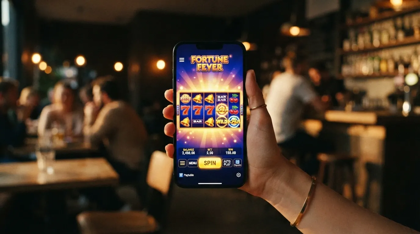 Une machine à sous Hacksaw Gaming affichée en plein écran sur un smartphone tenu en orientation verticale