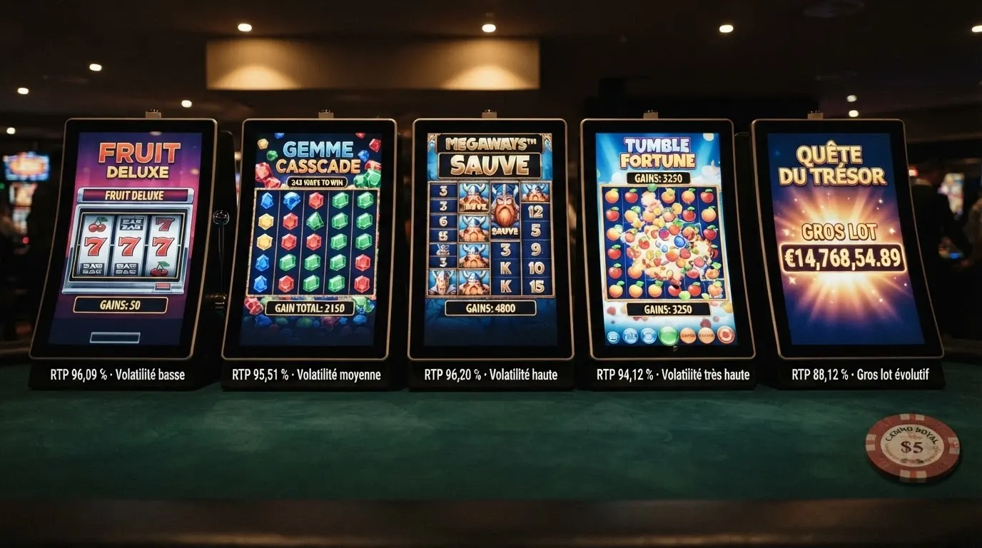 Une rangée de cinq machines à sous aux designs contrastés — une classique 3 rouleaux, une vidéo 5 rouleaux, une Megaways, une progressive — avec leur RTP affiché sous chaque écran