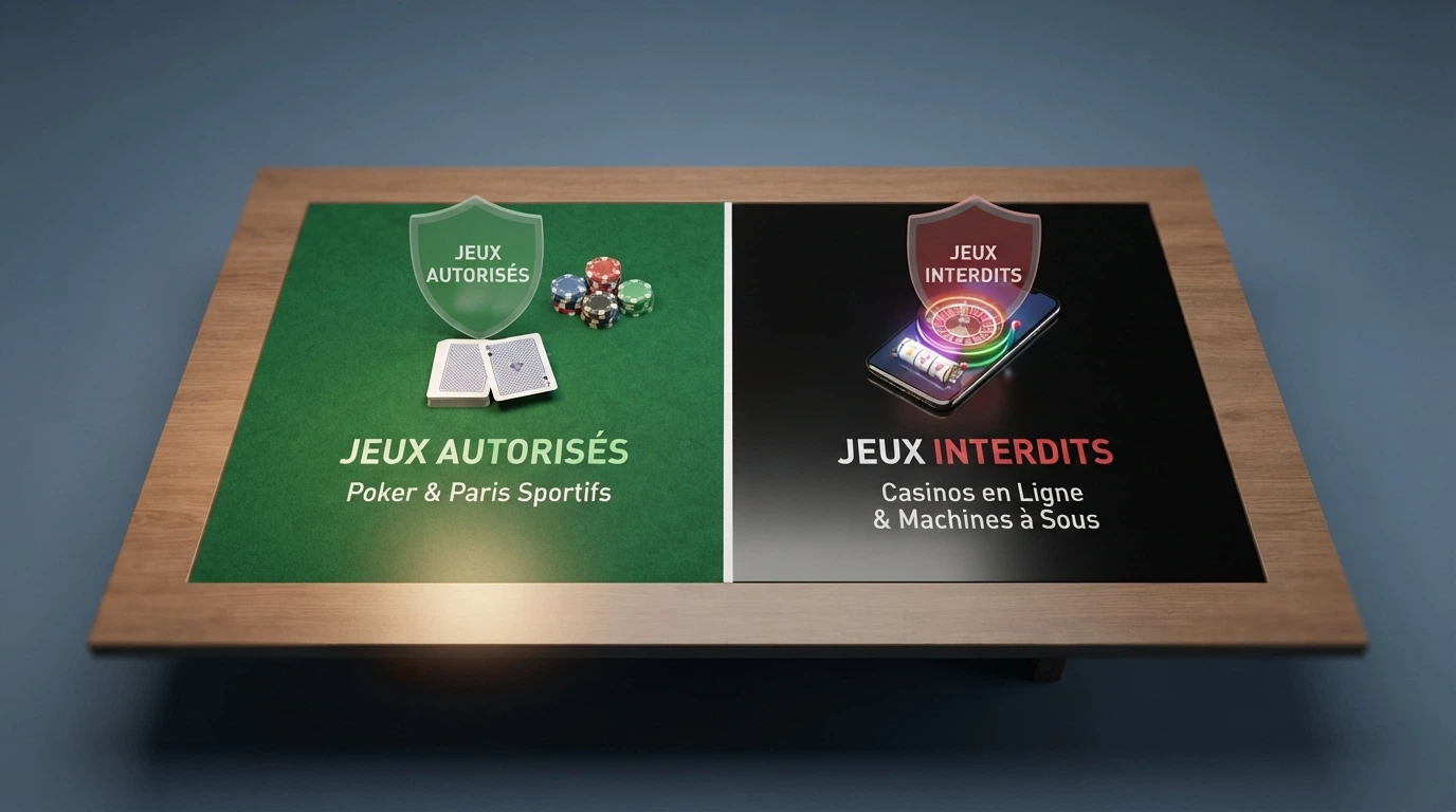 « Schéma du cadre légal français distinguant les jeux d'argent autorisés (paris sportifs, poker) des jeux de casino en ligne interdits aux opérateurs privés »