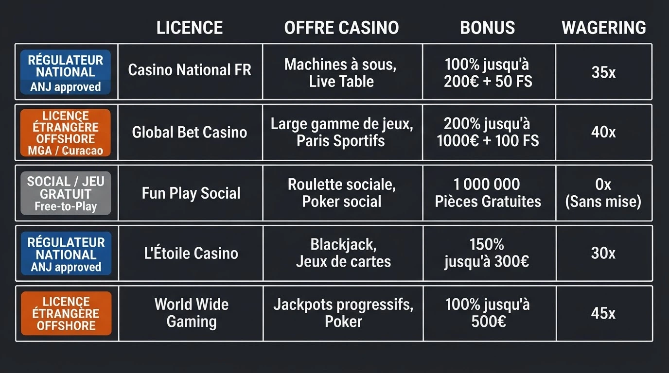 Tableau comparatif listant dix opérateurs de jeux d'argent avec leur nom, leur licence et leur statut légal en France